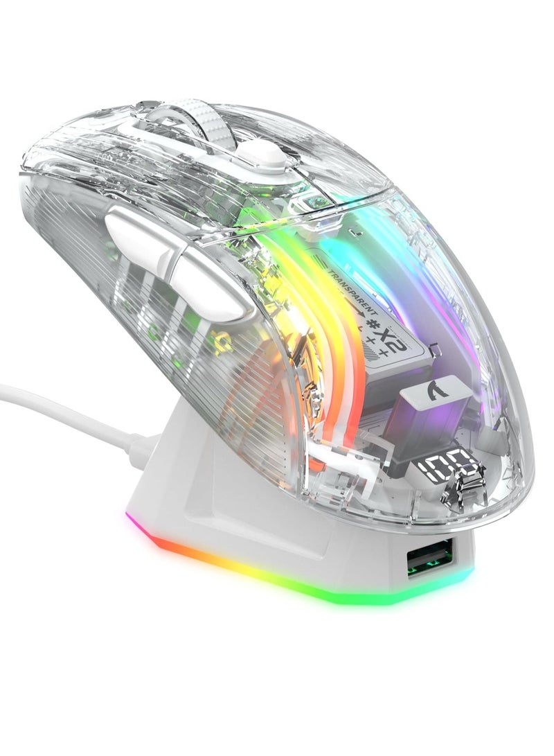 Attack Shark X2 Pro Wireless Gaming Mouse with Charging Dock, Silent Bluetooth Mouse (Tri-Mode BT5.0/2.4G/Wired), RGB Ergonomic Mouse 4000DPI, Transparent Case, PC/Mac/Tablet, White - Image 1