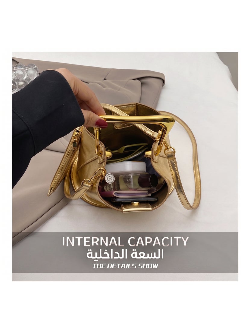 Flossie Bucket bag, gold, 2026 new collection, luxurious French soft leather; can be carried by hand or worn crossbody; perfect for commuting, outings, and evening events - Image 2