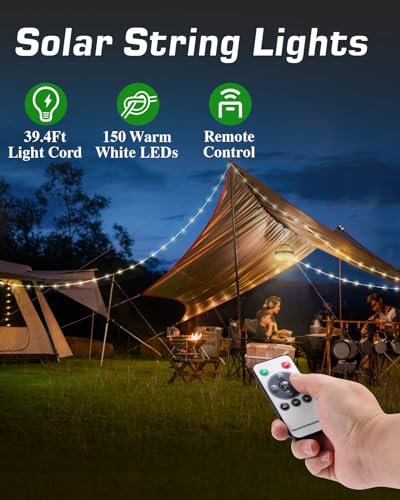 Anpro Solar Camping String Lights 4 in 1, 39.4Ft Ultra Long String with 150LEDs, 3600mAh Solar Powered and USB Rechargeable Light with Remote Control, Portable Camping Light for Hiking, Decorations - Image 2