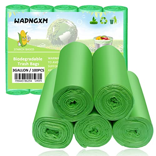 WADNGXM Compostable Trash Bags, 3 Gallon Biodegradable Small Garbage Bags Green Wastebasket Liners for Bathroom Office Home Bins, 100 Counts - Image 1
