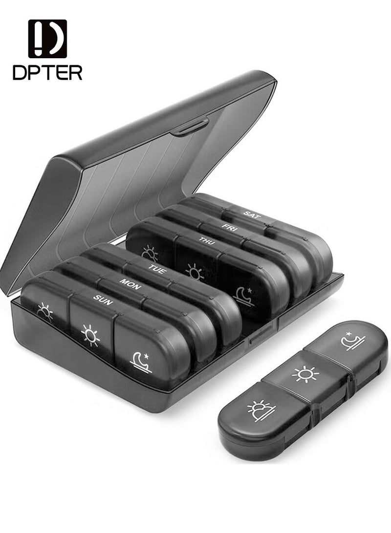 ديبتر منظم حبوب منع الحمل 3 مرات في اليوم، علبة حبوب أسبوعية كبيرة لحبوب منع الحمل لمدة 7 أيام، علبة حبوب يومية مع 21 جزءًا، موزع حبوب مكملات غذائية لحبوب منع الحمل/فيتامينات/زيت السمك - أسود - Image 1
