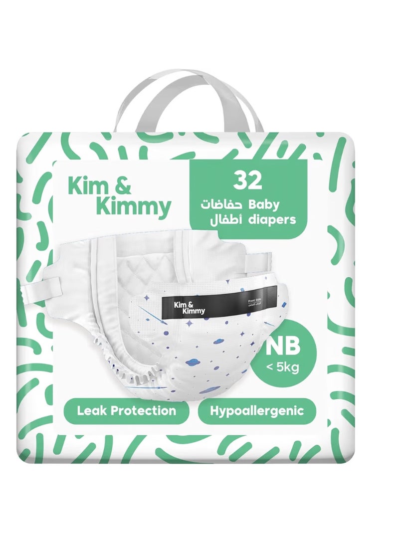 Kim & Kimmy Eco Diapers, New Born, Up to 5 kg, 32 Diapers - 12 Hour Leak Protection, No Rashes, Hypoallergenic, Ultra-Soft & Highly Absorbent - Cruelty Free & Vegan - Space Travel - Image 1