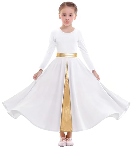 ZX Girls Praise Dance Dress Full Length Wide Swing Skirt Long Sleeve Liturgical Worship Church Robe Lyrical Dancewear Tag 130 White - Image 1