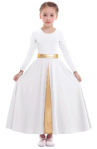 ZX Girls Praise Dance Dress Full Length Wide Swing Skirt Long Sleeve Liturgical Worship Church Robe Lyrical Dancewear Tag 130 White - Image 3