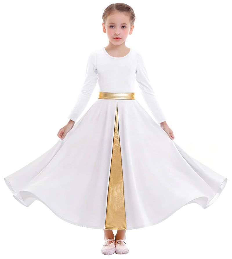 ZX Girls Praise Dance Dress Full Length Wide Swing Skirt Long Sleeve Liturgical Worship Church Robe Lyrical Dancewear Tag 130 White - Image 2