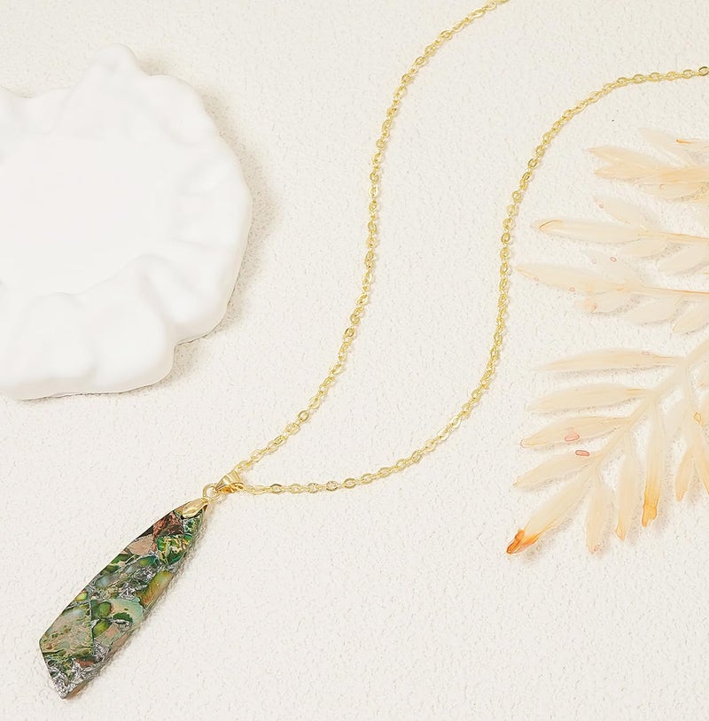 Wovanoo Nature Stone Necklaces for Women Boho Gemstone Pendant Necklace 18K Gold Chain Necklaces Green Gold - Image 4