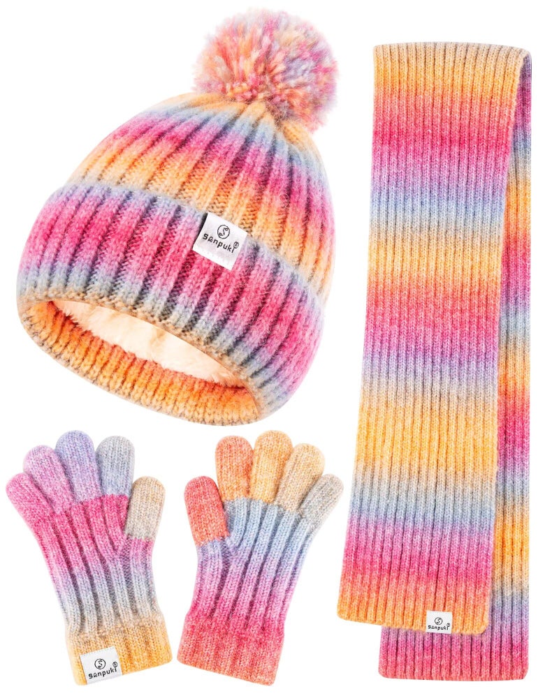 SENPUKI Kids Winter Beanie Gloves Scarf Set,Girls Toddler Winter Hat With Pom Neck Warmer Gaiter Mittens Fleece Lined Set Christmas Gift for Kids - Image 1