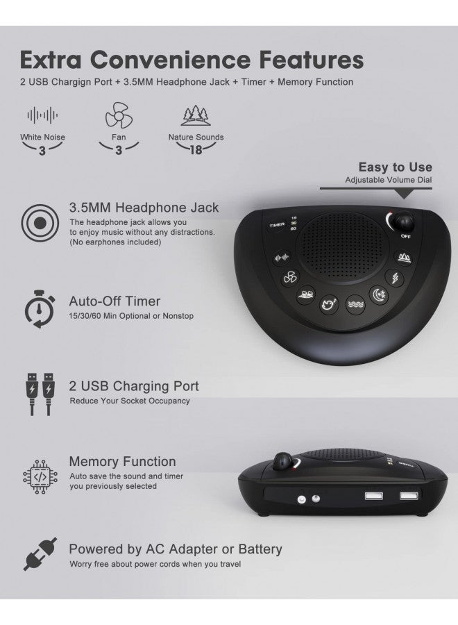 Mesqool White Noise Machine Portable Sound Machine Sleep Therapy with 24 Non Looping Natural Soothing Sounds, Memory Function, Auto-Off Timer, 2 USB Charger, Headphone Jack for Adults Baby Kids Travel  - Image 4