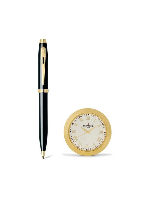 Sheaffer Gift Set 100 Ballpoint Pen With Table Clock Glossy Black With Gold Trims | Pen Set for Gift