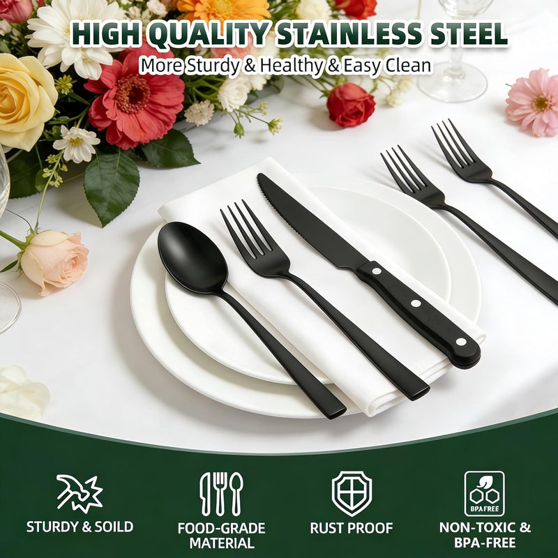 CEKEE 72-Piece Black Silverware Sets for 12, Stainless Steel Flatware Cutlery Kitchen Utensils Set with Steak Knives, Include Knife Forks and Spoons Set for Home Hotel, Heavy Duty & Mirror Polishe - Image 2