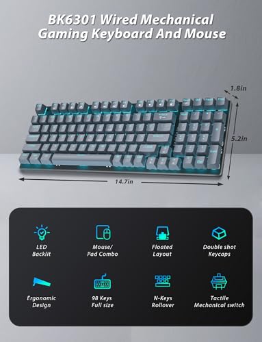 Taiahiro Mechanical Gaming Keyboard and Mouse, LED Backlit 98-Key Floating Keycap & 4 DPI RGB Gaming Mouse with Mouse Pad, Full Anti-Ghost Light Up Wired Computer Keyboards for MAC PC Gamer Accessories, Gray - Image 2