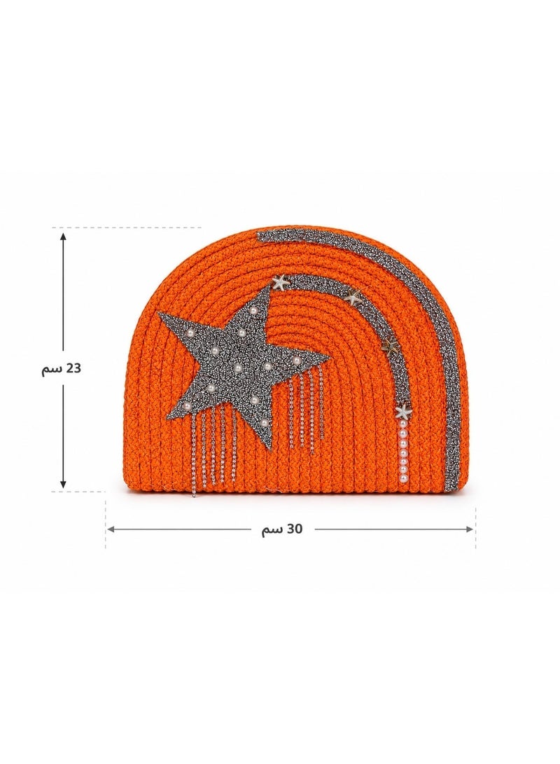 LIFESTYLISH Women's Woven Raffia Clutch Bag with Sparkling Star & Pearl Detail - Orange ZK-1 - Image 1