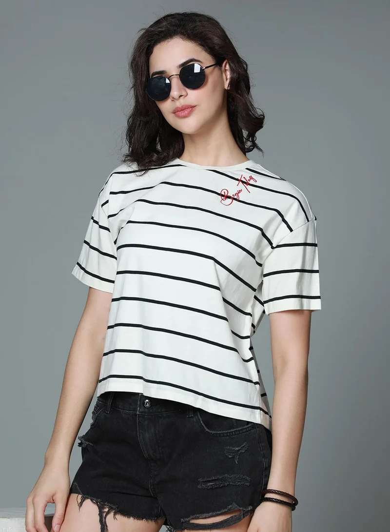 هاي ستار Women's White 100% Cotton Striped Boxy T-Shirt
