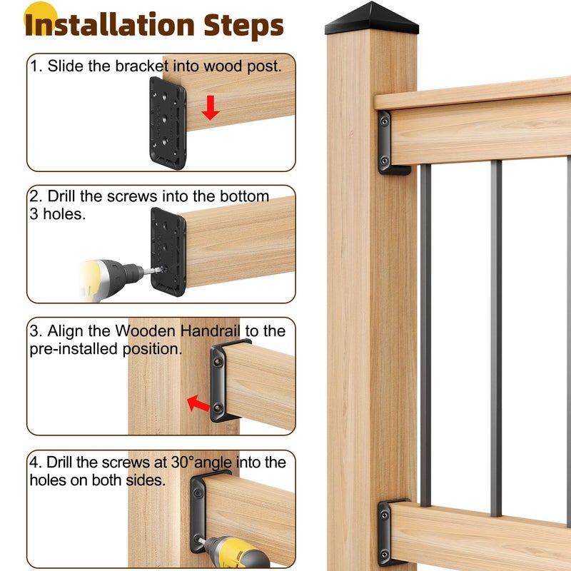 Toscoco 30 Pcs Deck Railing Bracket Connectors For 2""?4 (Actually 1.5?X3.5) Wood Post To Handrail Connection  Railing Connectors With 210 Pcs Galvanized Black Screws For Wooden Stair Fence Railings - Image 4