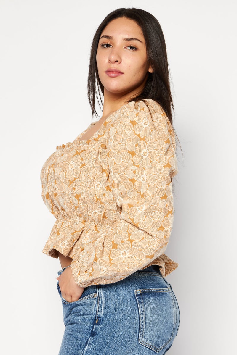 En Saison Women Square Neck Long Sleeves Floral Patten Blouse, Brown  - Image 2