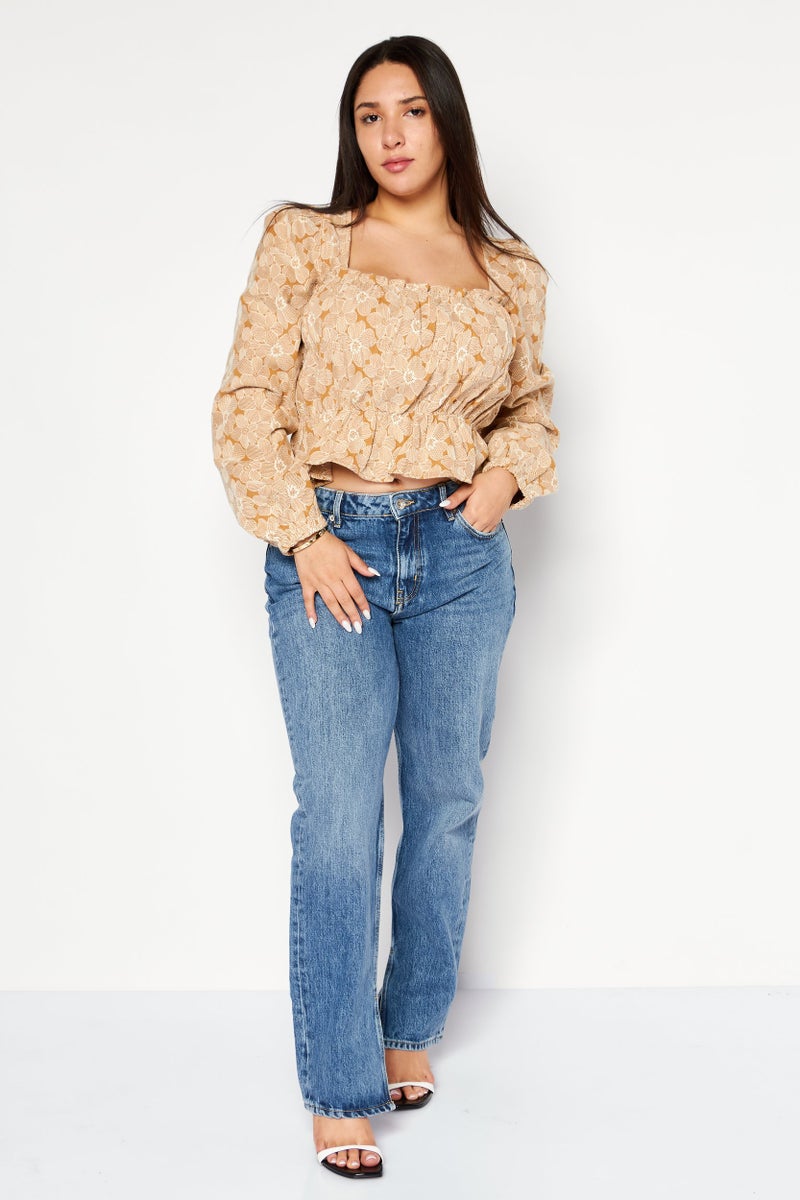 En Saison Women Square Neck Long Sleeves Floral Patten Blouse, Brown  - Image 4