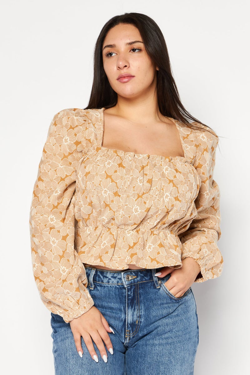 En Saison Women Square Neck Long Sleeves Floral Patten Blouse, Brown  - Image 1