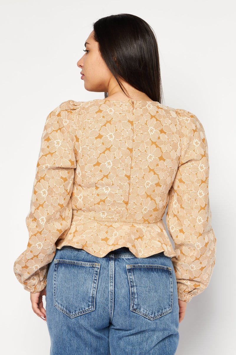 En Saison Women Square Neck Long Sleeves Floral Patten Blouse, Brown  - Image 3