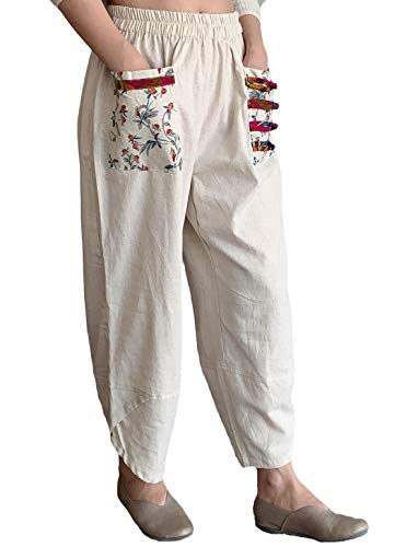 Minibee Women's Baggy Linen Wide Leg Trousers Casual Patchwark Elastic Waist Harem Pants Linen M - Image 2