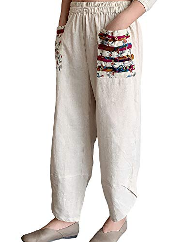 Minibee Women's Baggy Linen Wide Leg Trousers Casual Patchwark Elastic Waist Harem Pants Linen M - Image 1