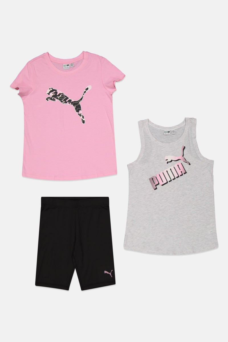 PUMA Kids Girl 3 Pieces Sportswear Fit Top And Short Set, Pink/Grey/Black  - Image 1