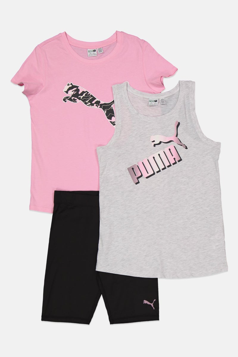 PUMA Kids Girl 3 Pieces Sportswear Fit Top And Short Set, Pink/Grey/Black  - Image 3