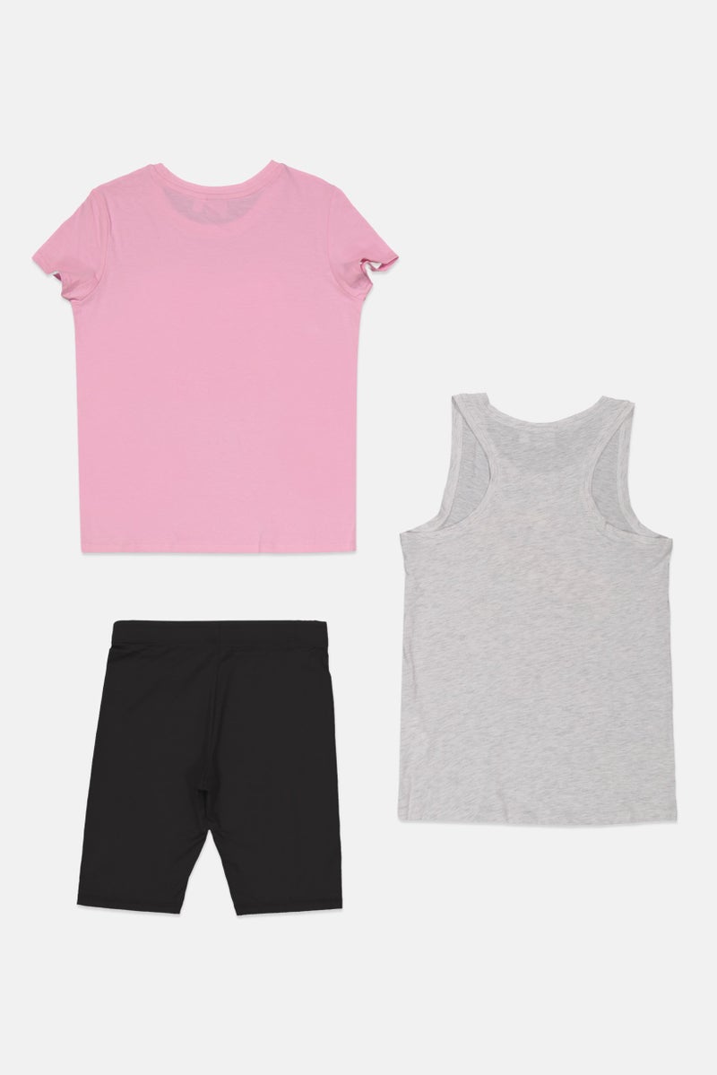 PUMA Kids Girl 3 Pieces Sportswear Fit Top And Short Set, Pink/Grey/Black  - Image 2