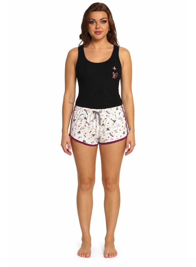 zecotex  Women's 2-Piece Soft Viscose Summer Pajama Set - Black Tank Top & Butterfly Print Mini Shorts. - Image 1