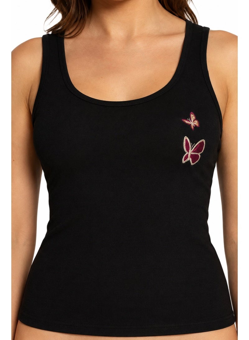 zecotex  Women's 2-Piece Soft Viscose Summer Pajama Set - Black Tank Top & Butterfly Print Mini Shorts. - Image 3