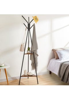 Coat Rack Freestanding,Three-pronged Coat Rack Clothes Bag Hanger for Bedroom Living Room  , Hall Tree with 2 Shelves, for Clothes, Hat, Bag, Industrial Style, Rustic Brown and Black