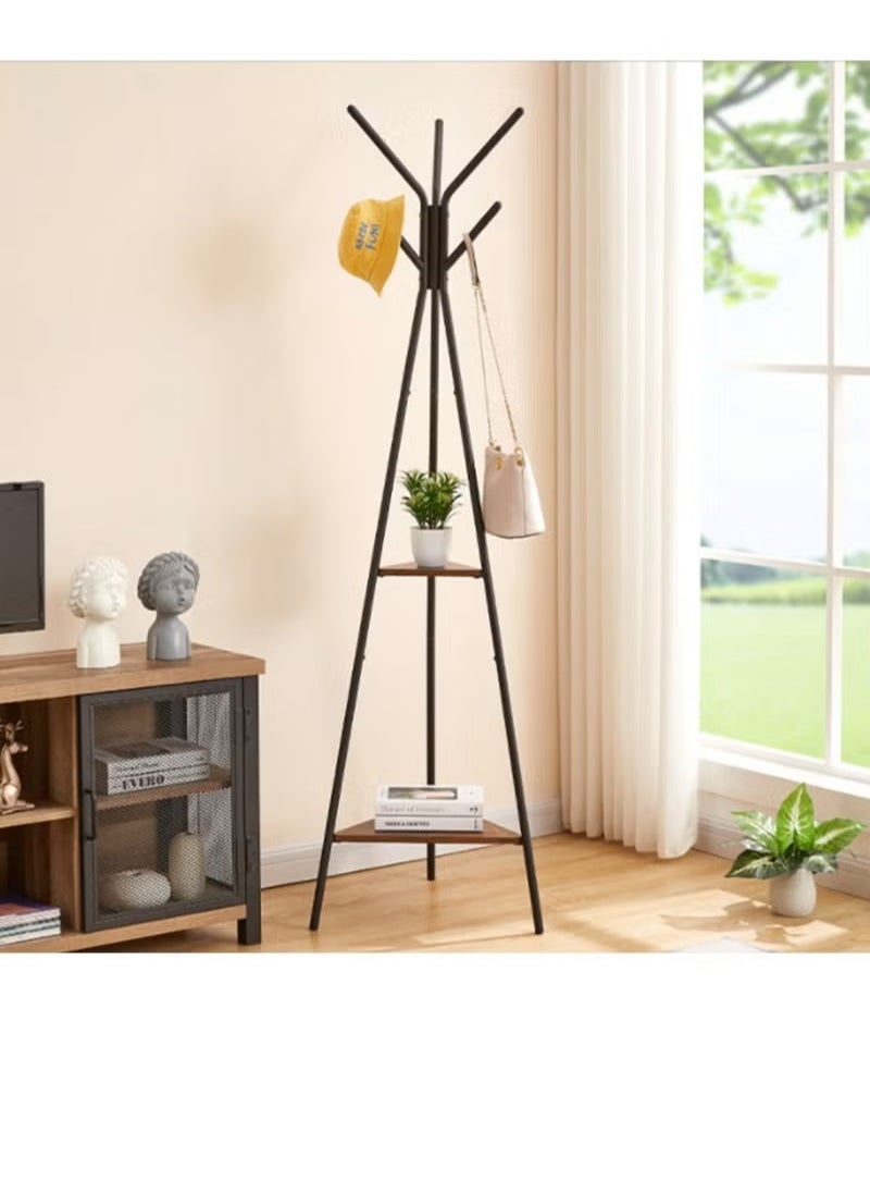 Rock Pow - Coat Rack Freestanding,Three-pronged Coat Rack Clothes Bag Hanger for Bedroom Living Room  , Hall Tree with 2 Shelves, for Clothes, Hat, Bag, Industrial Style, Rustic Brown and Black - Image 1