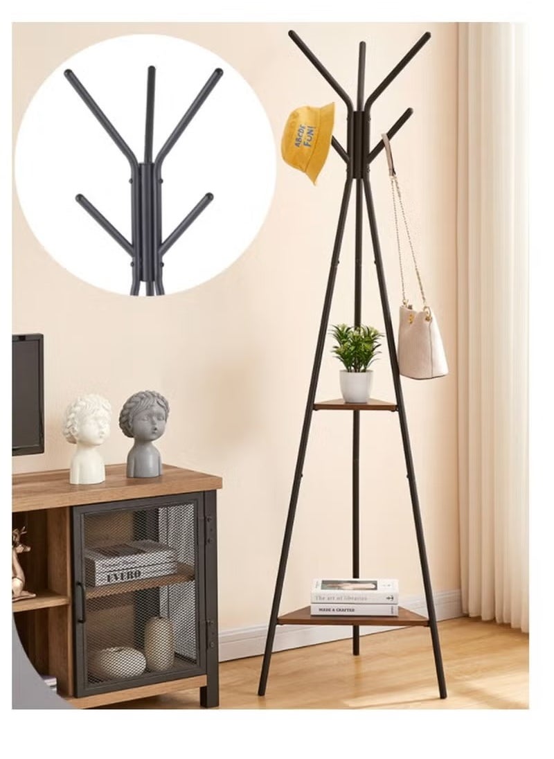 Rock Pow - Coat Rack Freestanding,Three-pronged Coat Rack Clothes Bag Hanger for Bedroom Living Room  , Hall Tree with 2 Shelves, for Clothes, Hat, Bag, Industrial Style, Rustic Brown and Black - Image 1