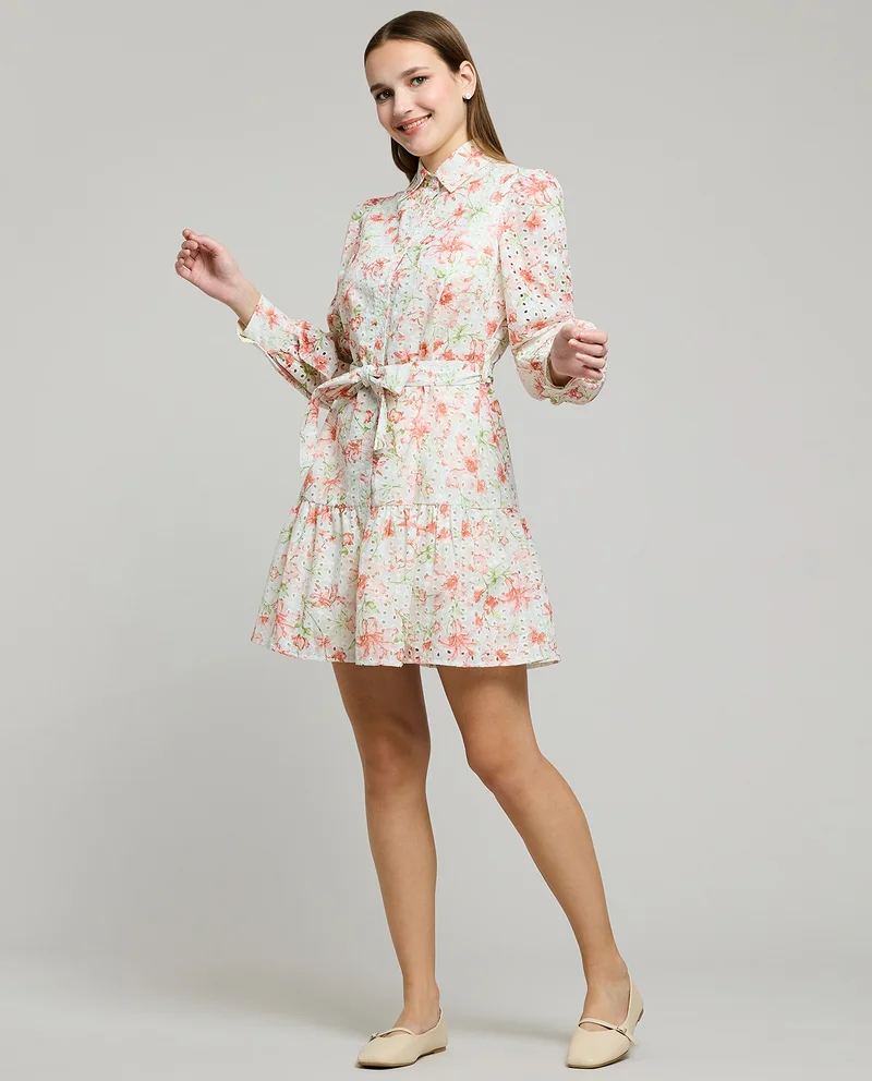 أر أند بي Floral Print Shirt Dress with Long Sleeves