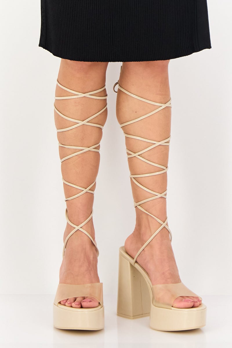 Bershka Women Lace Up Strappy Sandals, Beige - Image 1