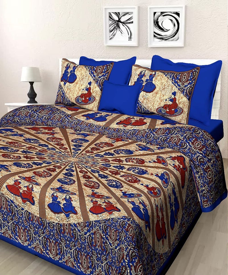 Meejoya 100 Cotton Rajasthani Jaipuri Traditional King Size Double Bed Bedsheet with 2 Pillow Covers Blue Jaipuri Bedsheet09 - Image 1