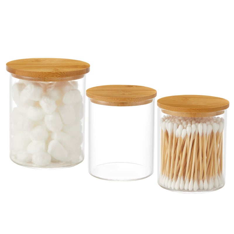 INIUNIK 3 Pack Glass Qtip Holder Dispenser, 20 oz and 11 oz Clear Glass Apothecary Jars, Bathroom Vanity Canisters Organizer Jars for Cotton Swabs, Balls, Rounds, Pads, Floss, Bath Salts - Image 1