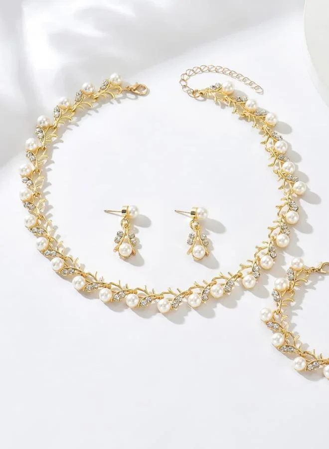 تايك تو طقم مجوهرات قلادة وسوار وأقراط مزينة بلؤلؤ صناعي 3 قطع