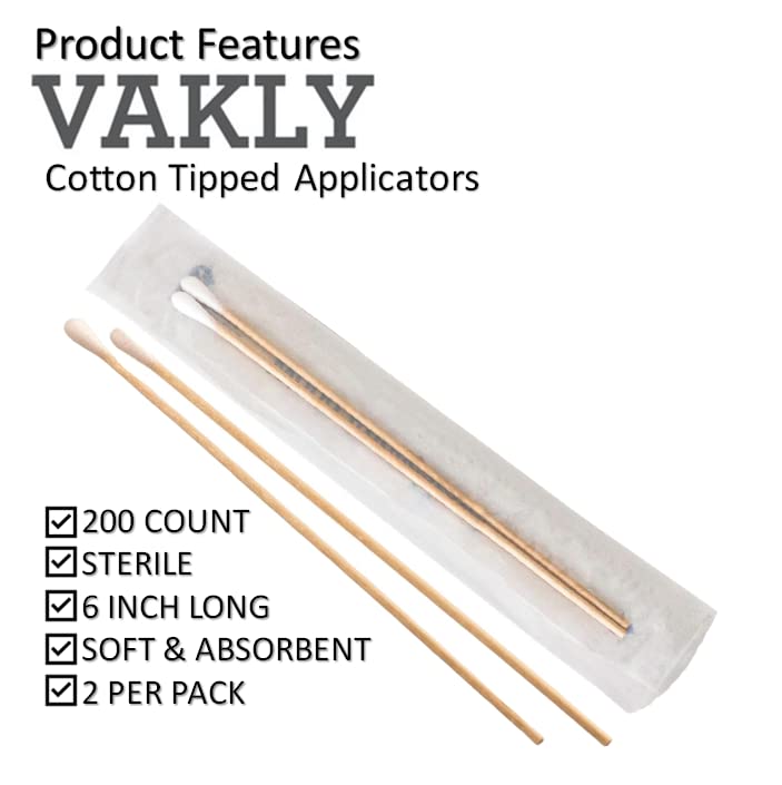 Vakly 200 Sterile Cotton Tipped Applicators 6â€™â€™ - Long 6 inch Wooden Medical Cotton Tip Applicator Swabsticks with Shaft and Soft Swabs for Location Application, Cleaning, Crafts and More - Image 1