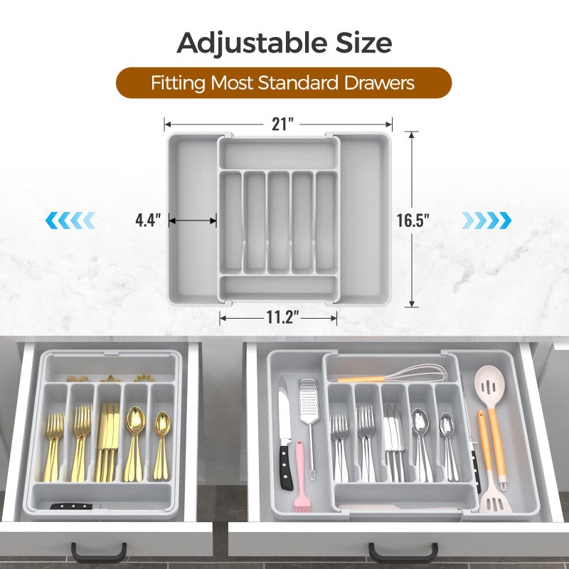 ukeetap Extra Large Expandable Silverware Organizer, BPA-Free Food-Safe Cutlery Flatware Organizer, Kitchen Utensil Drawer Organizer, Adjustable Silverware Holder for Spoons Forks Knives, Gray - Image 3