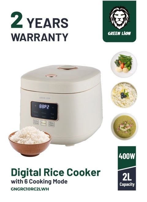 Digital Rice Cooker 400W 2L with 6 Cooking Modes / Fast Cook / Preset Timer / Exhaust Vent / Digital Display / Keep Warm Mode / Easy to Clean / Touch Control / PP Plastic Steamer Material - White