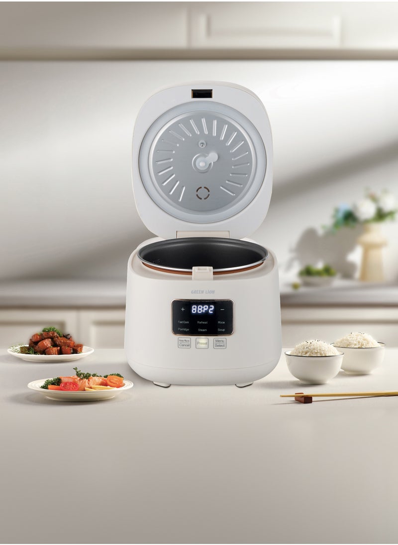 GREEN LION - Digital Rice Cooker 400W 2L with 6 Cooking Modes / Fast Cook / Preset Timer / Exhaust Vent / Digital Display / Keep Warm Mode / Easy to Clean / Touch Control / PP Plastic Steamer Material - White - Image 1