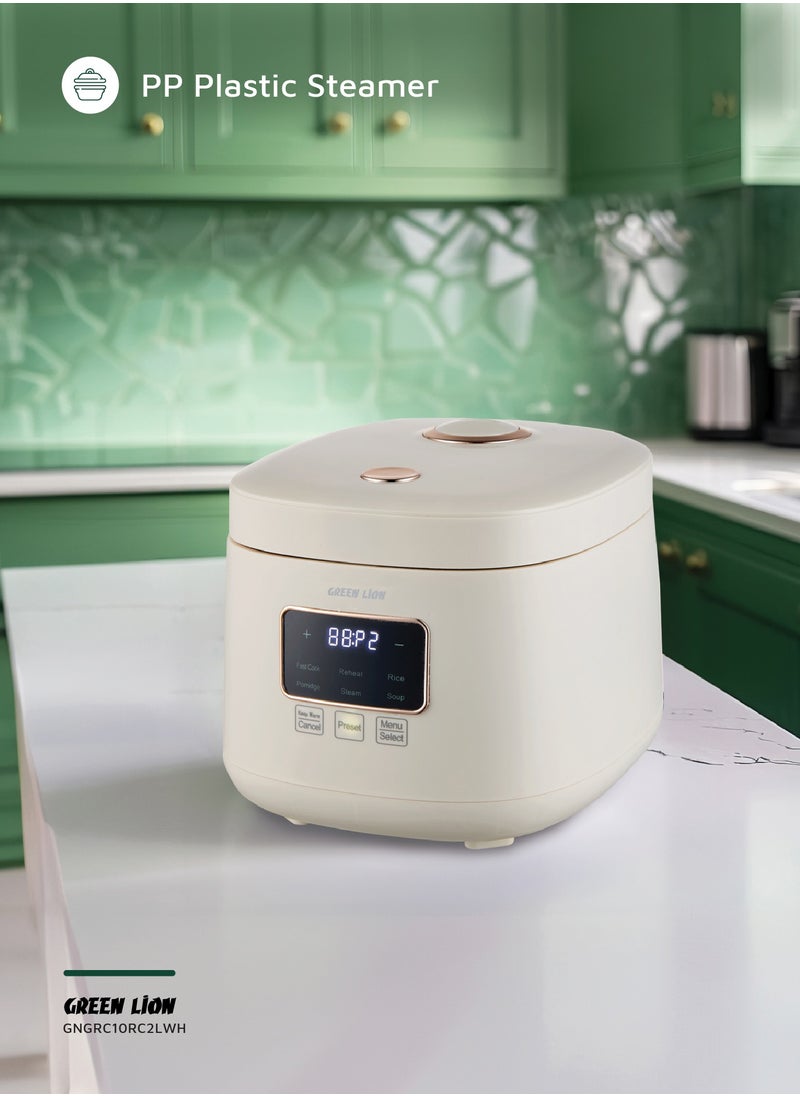 GREEN LION - Digital Rice Cooker 400W 2L with 6 Cooking Modes / Fast Cook / Preset Timer / Exhaust Vent / Digital Display / Keep Warm Mode / Easy to Clean / Touch Control / PP Plastic Steamer Material - White - Image 1