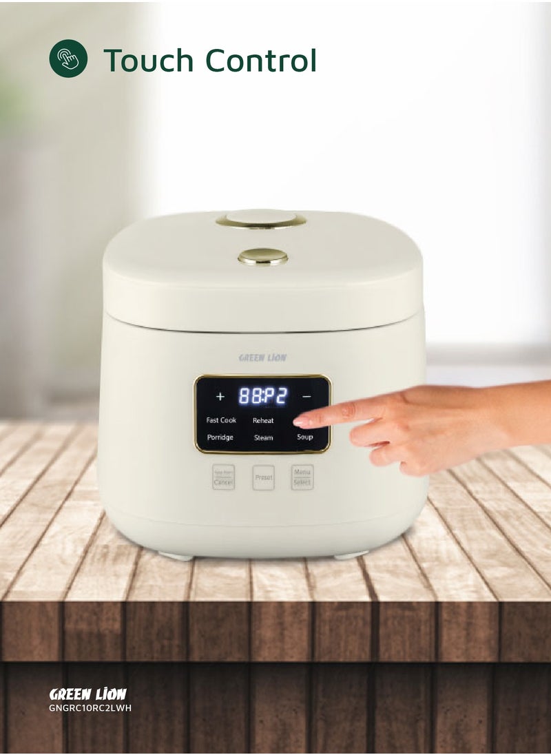 GREEN LION - Digital Rice Cooker 400W 2L with 6 Cooking Modes / Fast Cook / Preset Timer / Exhaust Vent / Digital Display / Keep Warm Mode / Easy to Clean / Touch Control / PP Plastic Steamer Material - White - Image 1