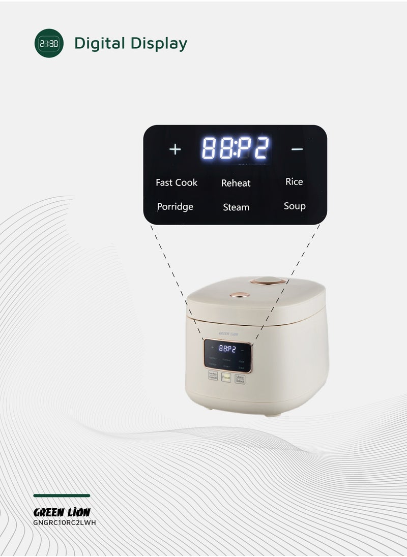 GREEN LION - Digital Rice Cooker 400W 2L with 6 Cooking Modes / Fast Cook / Preset Timer / Exhaust Vent / Digital Display / Keep Warm Mode / Easy to Clean / Touch Control / PP Plastic Steamer Material - White - Image 1