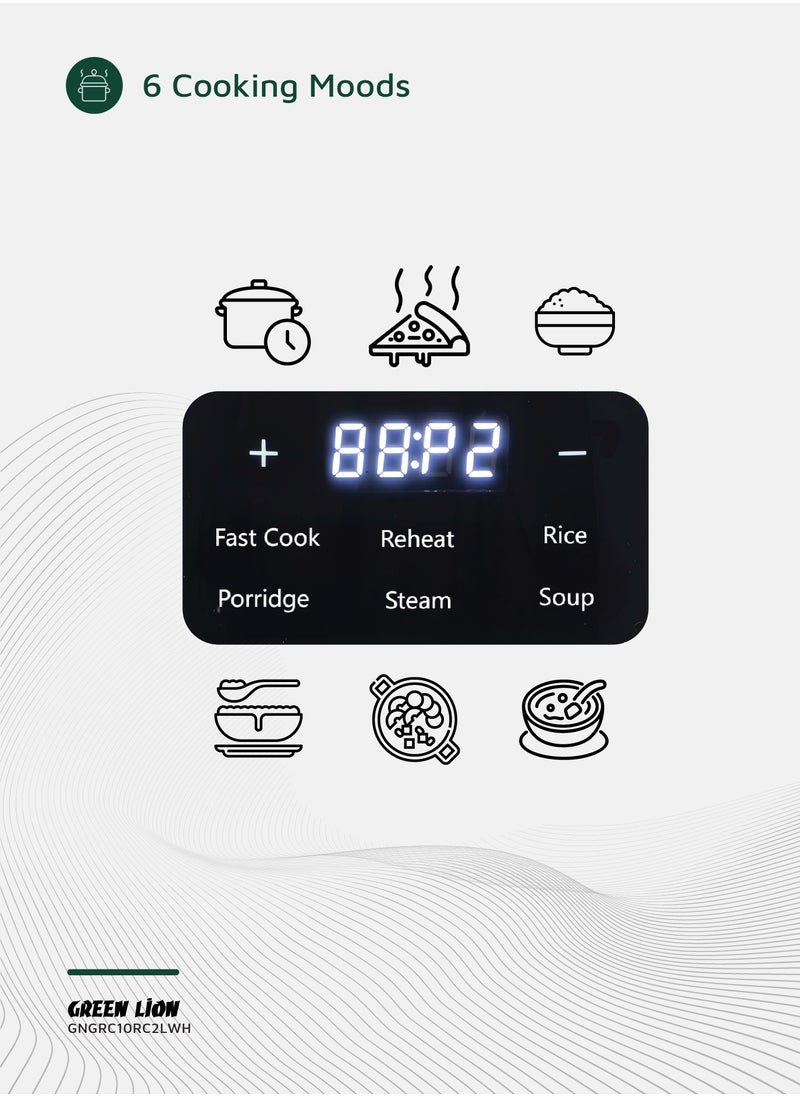 GREEN LION - Digital Rice Cooker 400W 2L with 6 Cooking Modes / Fast Cook / Preset Timer / Exhaust Vent / Digital Display / Keep Warm Mode / Easy to Clean / Touch Control / PP Plastic Steamer Material - White - Image 1