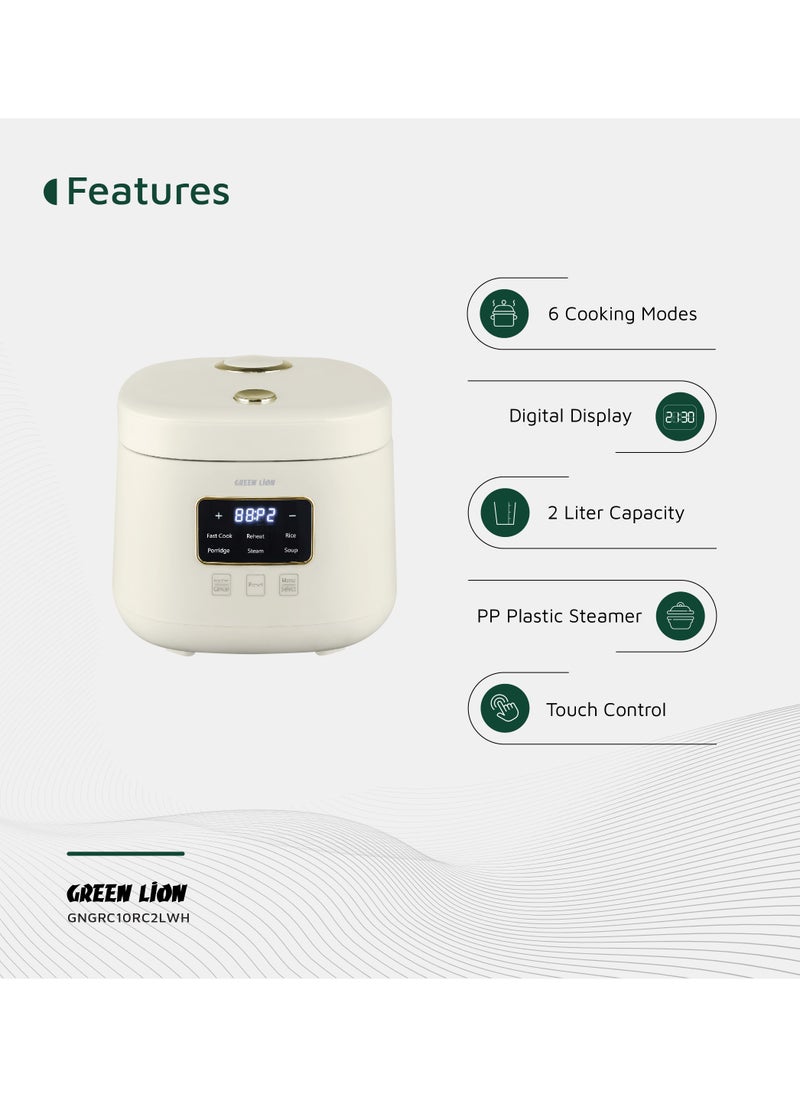 GREEN LION - Digital Rice Cooker 400W 2L with 6 Cooking Modes / Fast Cook / Preset Timer / Exhaust Vent / Digital Display / Keep Warm Mode / Easy to Clean / Touch Control / PP Plastic Steamer Material - White - Image 1