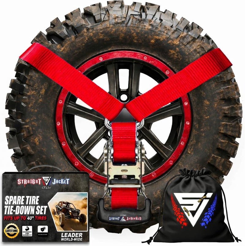 Straight Jacket Crew Y Strap for Spare Tire - Heavy Duty Spare Tire Strap for UTV, Offroad Accessories & Roof Rack, 3 Way Ratchet Strap Tie Down- 1.6" Wide, Can Secure Up to 40" Tire by (Red) - Image 1