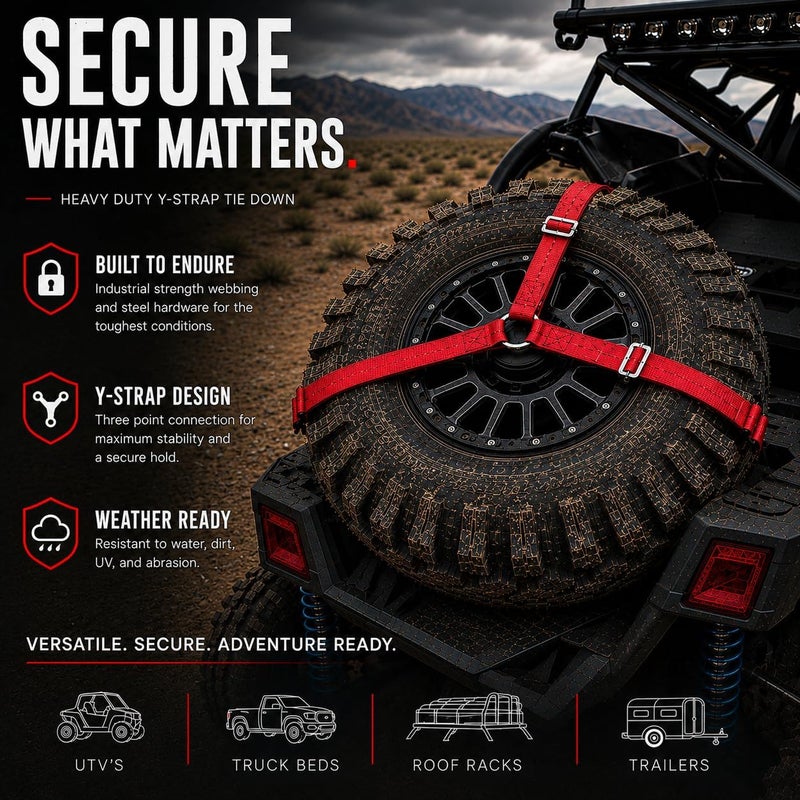 Straight Jacket Crew Y Strap for Spare Tire - Heavy Duty Spare Tire Strap for UTV, Offroad Accessories & Roof Rack, 3 Way Ratchet Strap Tie Down- 1.6" Wide, Can Secure Up to 40" Tire by (Red) - Image 3