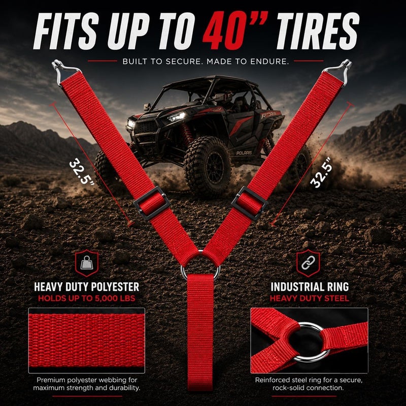Straight Jacket Crew Y Strap for Spare Tire - Heavy Duty Spare Tire Strap for UTV, Offroad Accessories & Roof Rack, 3 Way Ratchet Strap Tie Down- 1.6" Wide, Can Secure Up to 40" Tire by (Red) - Image 2