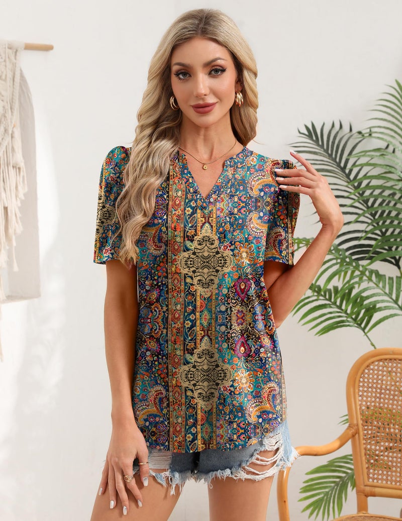 Zeagoo Boho Tops for Women Short Sleeve Spring Shirts V Neck Dressy Casual Blouses Summer Country Concert Clothes - Image 3